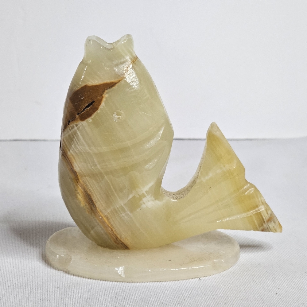 Hand Carved Polished Alabaster Onyx Stone Fish Figurine Sculpture Coastal Decor